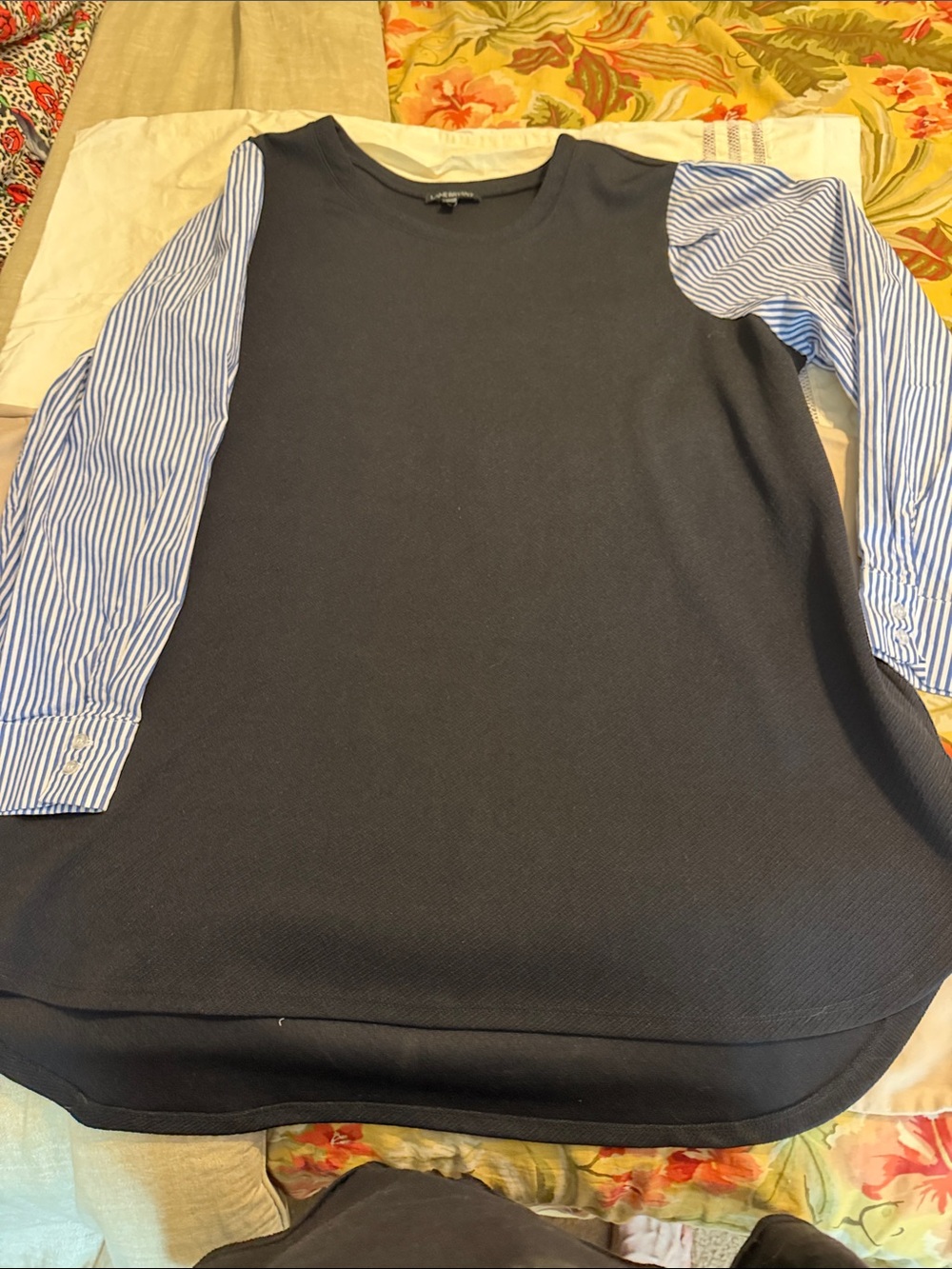 Lane Bryant Navy Top with Blue and White Striped Sleeves
